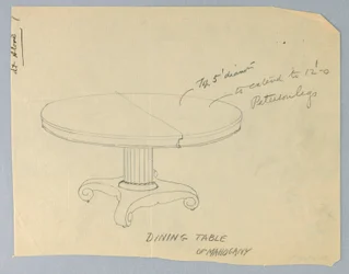 Design pour une table ronde en acajou sur pieds en volute